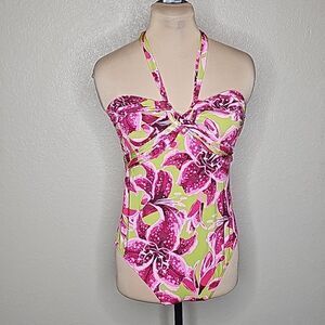 Garnet Hill 12 Lillies Print Bandeau Halter One Piece Swim Suit pink